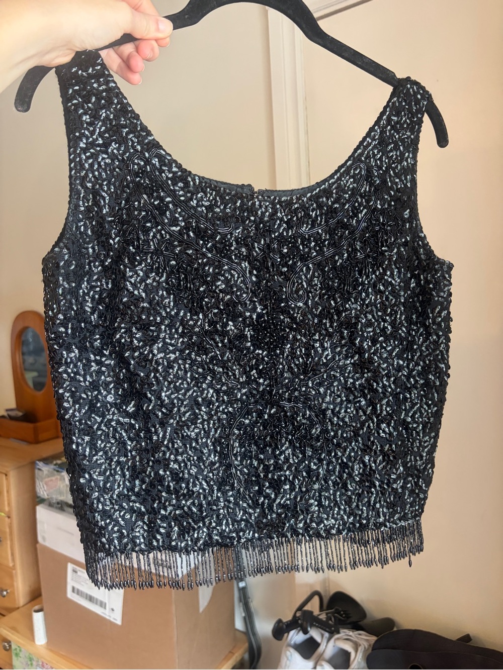 Vintage Black Beaded Tank Top with Fringe